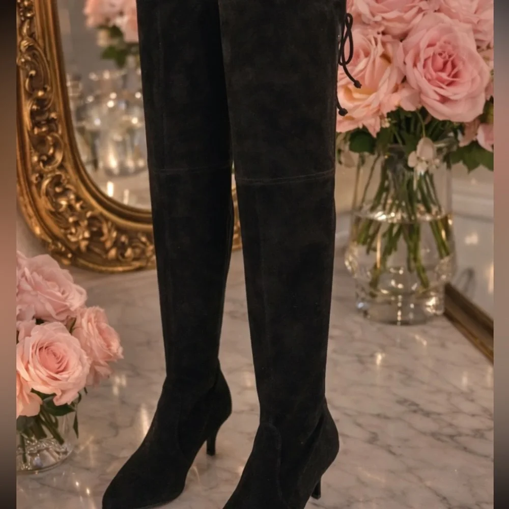 Stuart Weitzman Black Over-The-Knee Boots — Sleek Stretch Suede 9.5